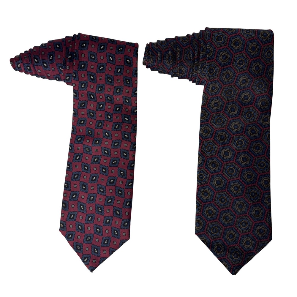 Ferrell Reed Silk Tie Lot 2 Hand Printed England Burgundy Navy Geometric Paisley